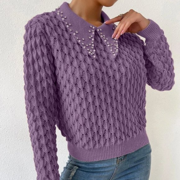 knit gem bedazzled collar sweater chic elegant streetwear purple - Picture 6 of 6